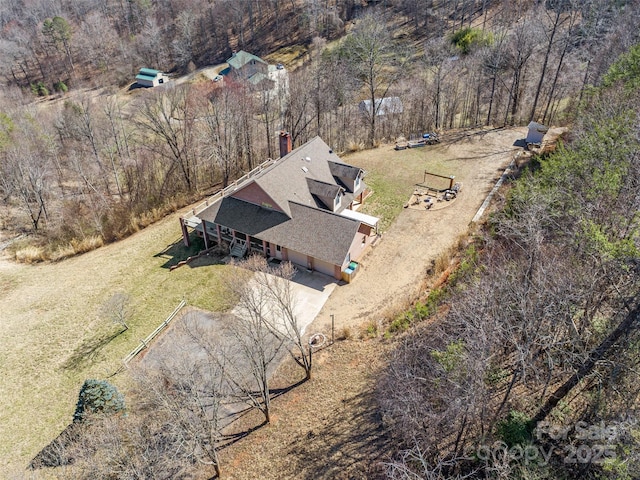 bird's eye view with a wooded view