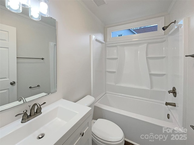 full bath with crown molding, visible vents, shower / bathing tub combination, toilet, and vanity