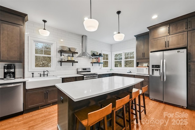 kitchen with dark brown cabinets, wall chimney exhaust hood, stainless steel appliances, and a sink