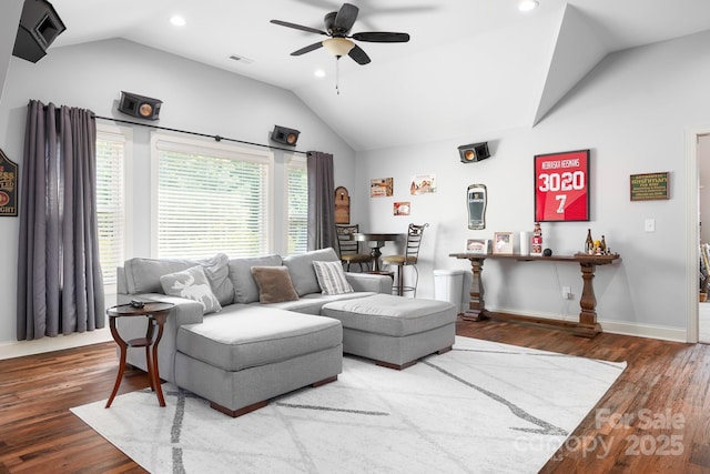 living area with a ceiling fan, wood finished floors, visible vents, lofted ceiling, and recessed lighting