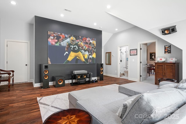 living area with lofted ceiling, recessed lighting, visible vents, and dark wood-style flooring