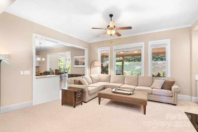 carpeted living area featuring ceiling fan with notable chandelier, baseboards, and ornamental molding