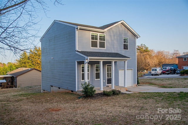 traditional home with covered porch, concrete driveway, an attached garage, crawl space, and a front lawn