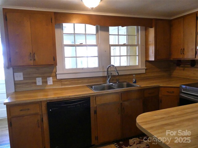 kitchen featuring electric stove, black dishwasher, butcher block counters, and a sink