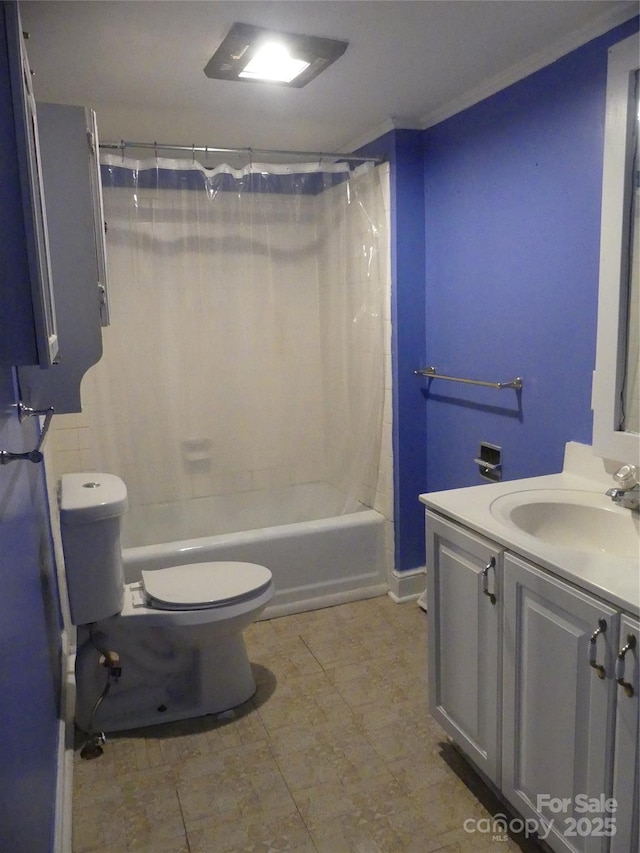 full bath featuring shower / bathtub combination with curtain, toilet, and vanity