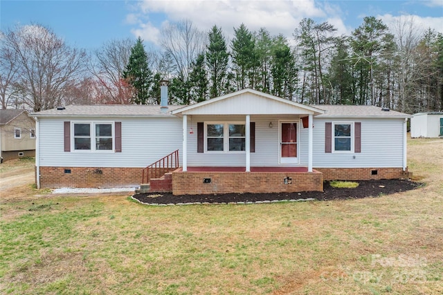 ranch-style home featuring crawl space, a porch, and a front yard