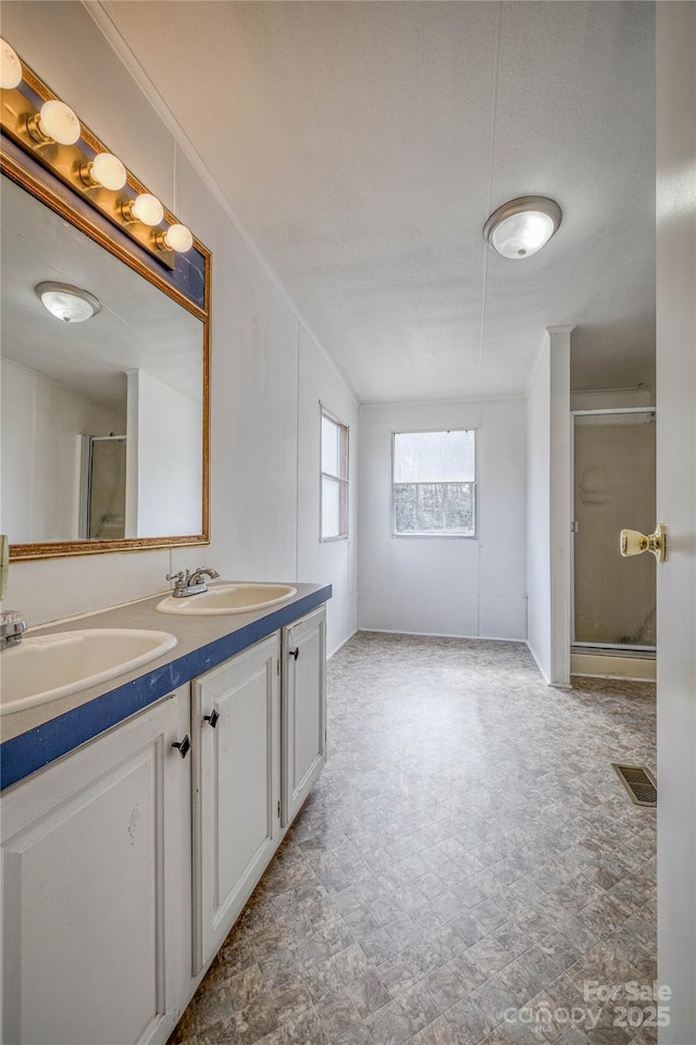 full bathroom featuring double vanity, a sink, visible vents, and a shower stall