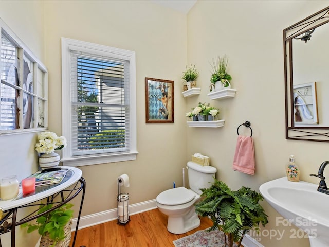 bathroom featuring a wealth of natural light, a sink, baseboards, and wood finished floors