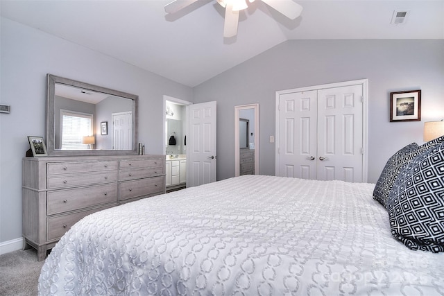 bedroom featuring visible vents, ceiling fan, carpet, lofted ceiling, and a closet