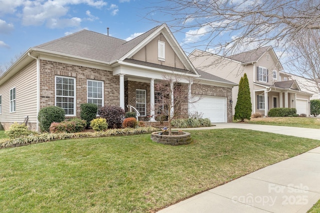 view of front of property featuring brick siding, concrete driveway, roof with shingles, an attached garage, and a front yard