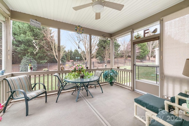 sunroom with a wealth of natural light and ceiling fan