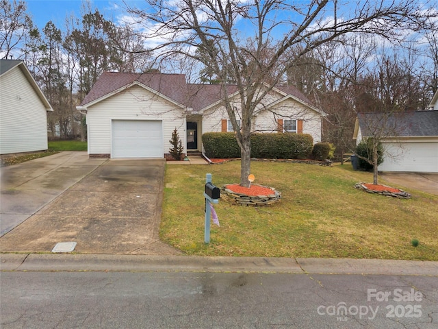 view of front of property featuring a front lawn, an attached garage, stone siding, and driveway