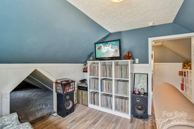 playroom featuring a wainscoted wall, lofted ceiling, a textured ceiling, and wood finished floors