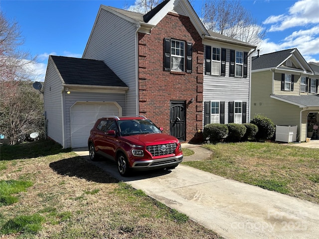 view of front of property featuring driveway, a front lawn, a garage, central air condition unit, and brick siding