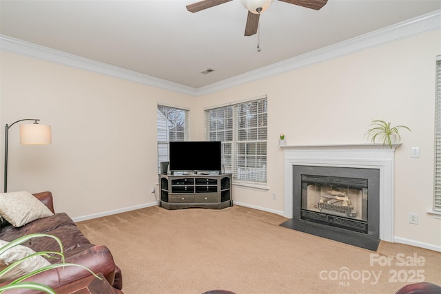 carpeted living area featuring baseboards, a fireplace with flush hearth, and crown molding