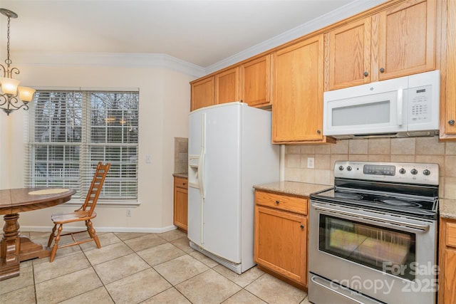 kitchen with white appliances, backsplash, crown molding, and light stone countertops