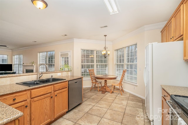 kitchen featuring light tile patterned floors, a sink, hanging light fixtures, dishwasher, and crown molding