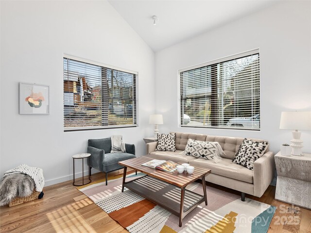 433 W Haywood St, Asheville, NC 28801 - living room featuring vaulted ceiling, wood finished floors, a healthy amount of sunlight, and baseboards
