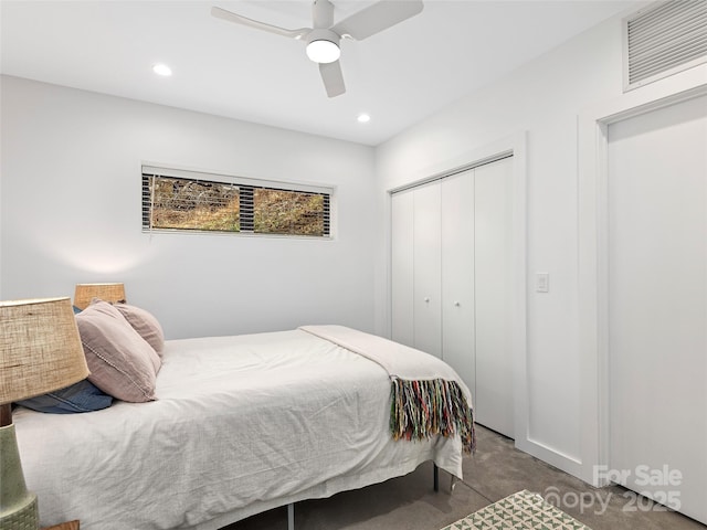 433 W Haywood St, Asheville, NC 28801 - bedroom featuring visible vents, recessed lighting, a closet, and ceiling fan