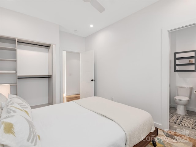 433 W Haywood St, Asheville, NC 28801 - bedroom with recessed lighting, a closet, ensuite bath, baseboards, and ceiling fan