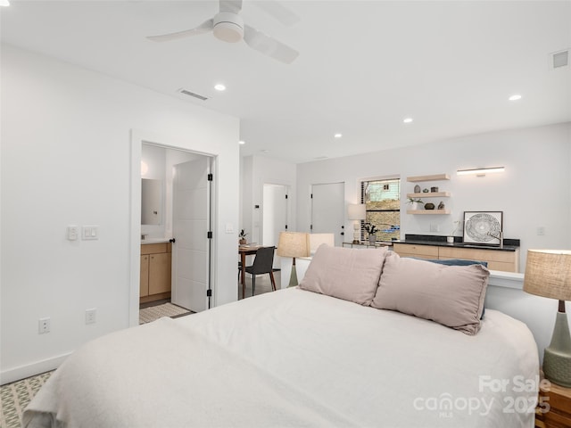 433 W Haywood St, Asheville, NC 28801 - bedroom with ensuite bathroom, ceiling fan, baseboards, visible vents, and recessed lighting