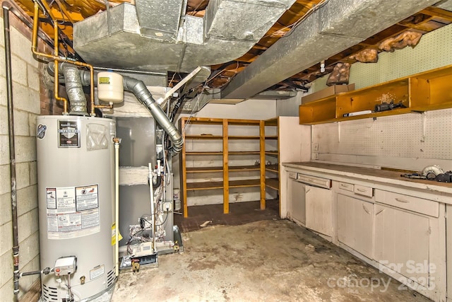 unfinished basement with heating unit, concrete block wall, and water heater