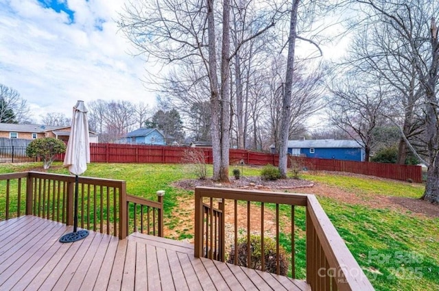 wooden deck with a fenced backyard and a yard