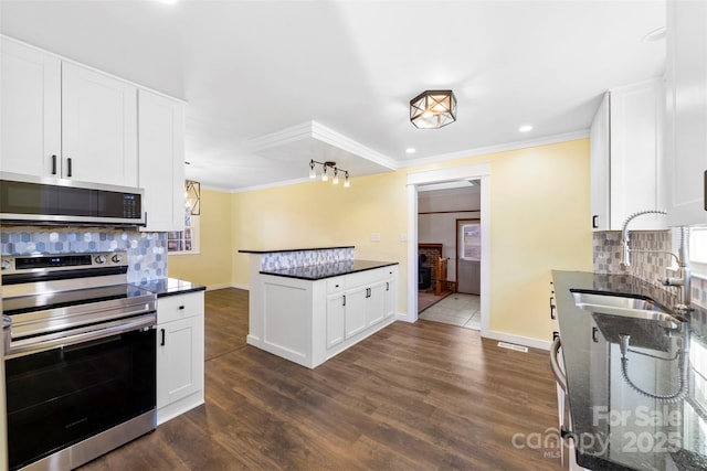 kitchen with crown molding, decorative backsplash, stainless steel appliances, and a sink