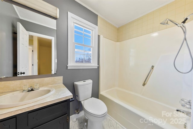 full bathroom with shower / washtub combination, vanity, and toilet