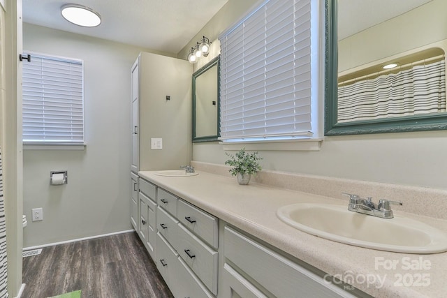 full bathroom featuring double vanity, wood finished floors, baseboards, and a sink