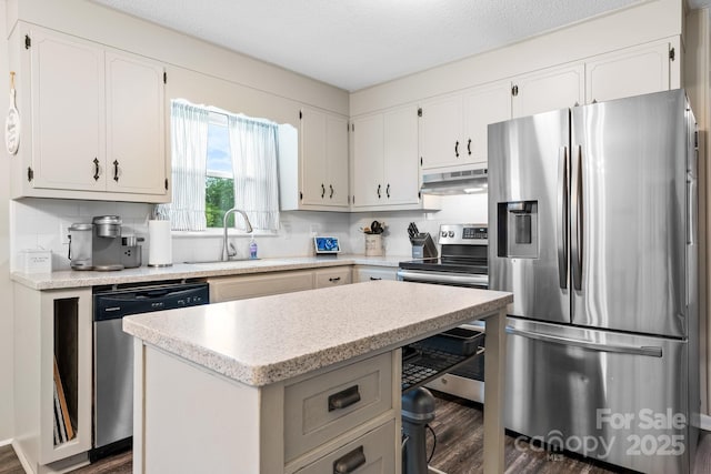 2609 Raintree St, Connelly Springs, NC 28612 - kitchen featuring stainless steel appliances, under cabinet range hood, a sink, dark wood finished floors, and tasteful backsplash