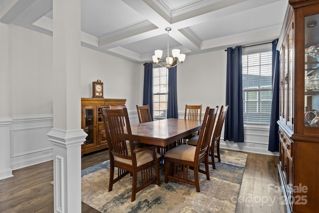 dining area with a notable chandelier, coffered ceiling, wood finished floors, ornamental molding, and beam ceiling