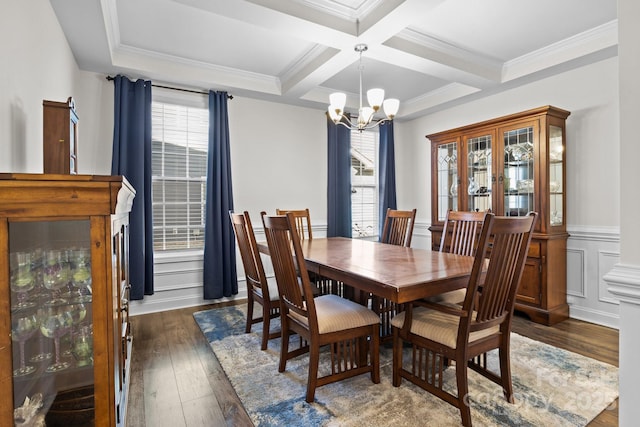 dining space with beam ceiling, crown molding, a notable chandelier, coffered ceiling, and hardwood / wood-style flooring