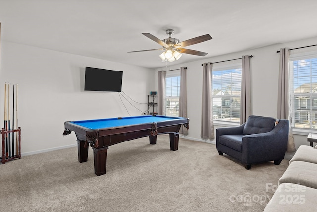 playroom with light carpet, plenty of natural light, billiards, and baseboards