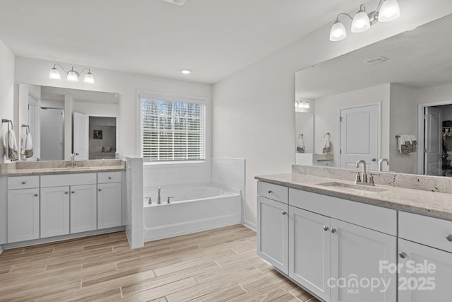 bathroom with wood tiled floor, two vanities, a sink, and a bath