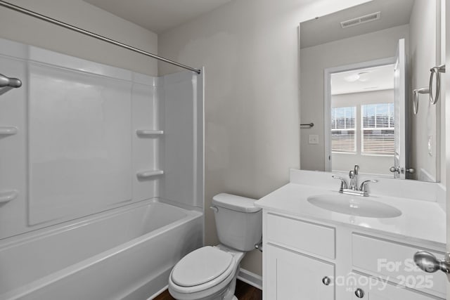 full bathroom with toilet, shower / tub combination, vanity, and visible vents