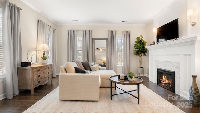 living area featuring wood finished floors, a glass covered fireplace, and crown molding