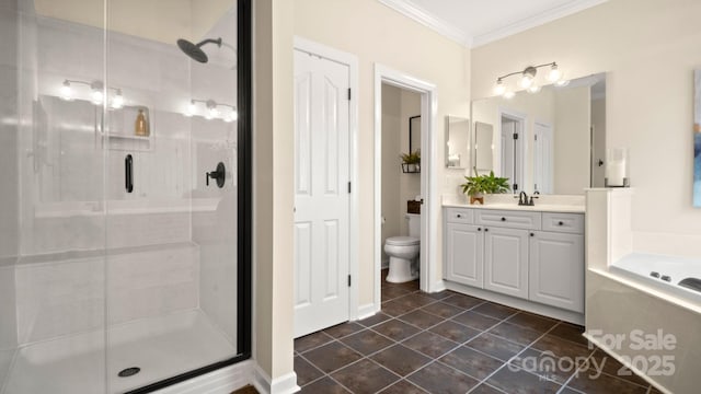 full bath featuring toilet, a shower stall, a bath, and ornamental molding