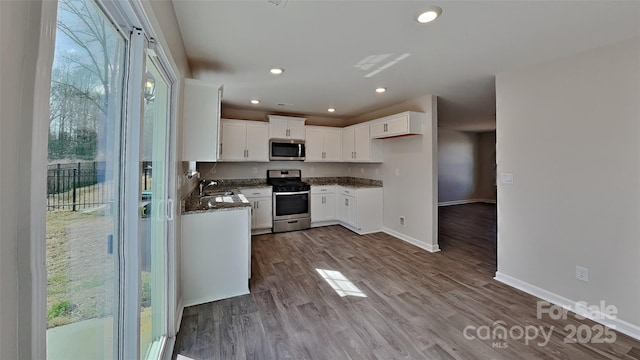 kitchen featuring dark wood finished floors, plenty of natural light, baseboards, and stainless steel appliances