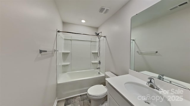 full bath featuring washtub / shower combination, visible vents, toilet, and vanity