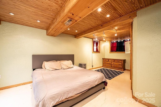 bedroom featuring beamed ceiling, recessed lighting, wood ceiling, and baseboards