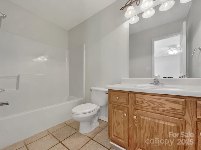 bathroom featuring shower / washtub combination, vanity, toilet, and tile patterned floors