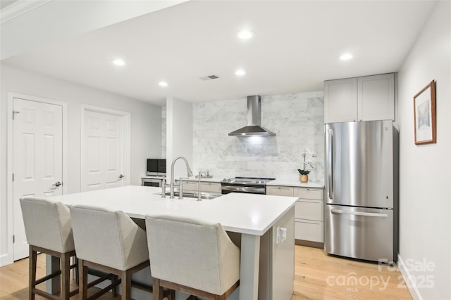 kitchen with stainless steel appliances, visible vents, a sink, wall chimney exhaust hood, and decorative backsplash