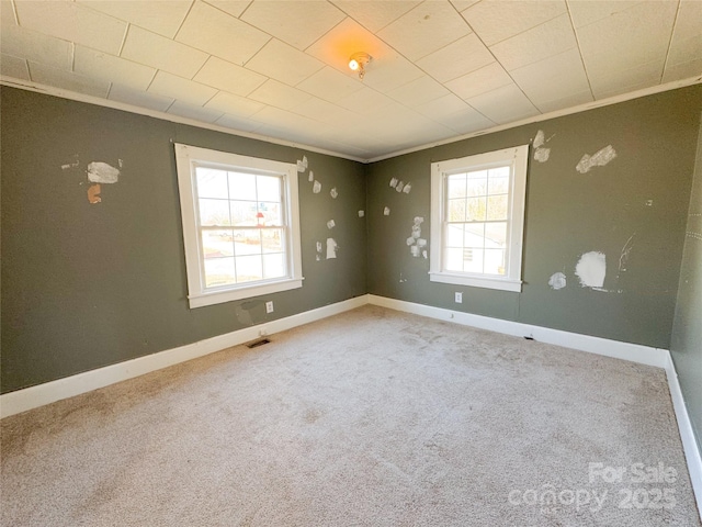 carpeted spare room featuring visible vents, ornamental molding, a wealth of natural light, and baseboards