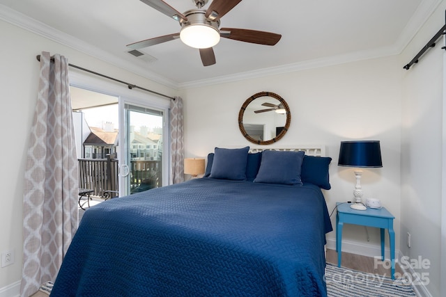 bedroom featuring access to outside, visible vents, and crown molding