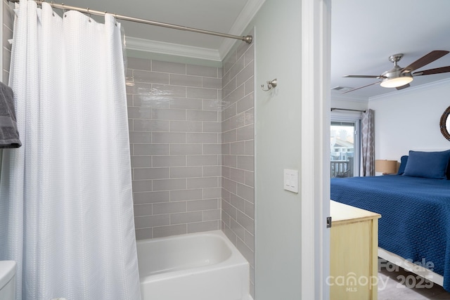 full bath with shower / bath combination with curtain, crown molding, vanity, and ceiling fan