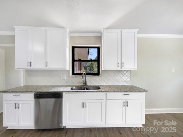 kitchen with dishwasher, a sink, white cabinets, and light stone countertops