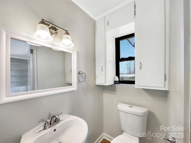 bathroom featuring ornamental molding, a sink, and toilet