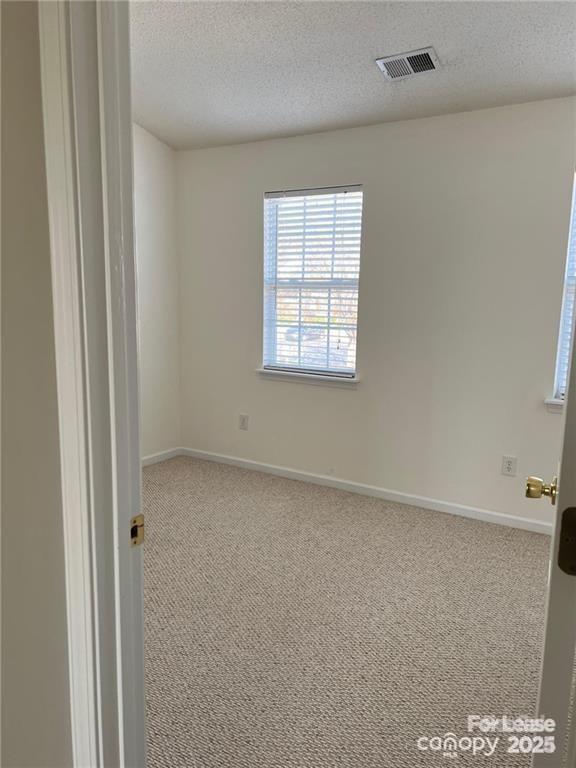 carpeted empty room with baseboards, visible vents, and a textured ceiling