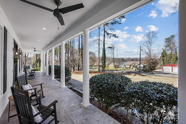 view of patio with covered porch and ceiling fan